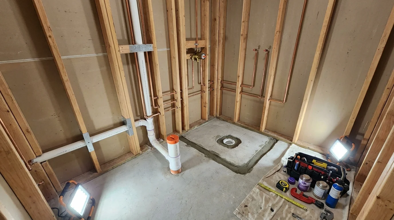 Bathroom rough-in plumbing during remodel by Johns Plumbing LLC in Minco