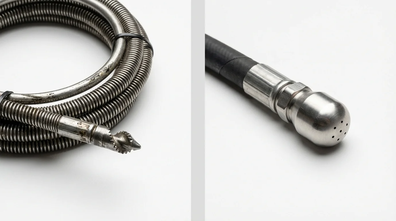 Drain snake cable and hydro jetting nozzle used for drain cleaning in Minco, OK