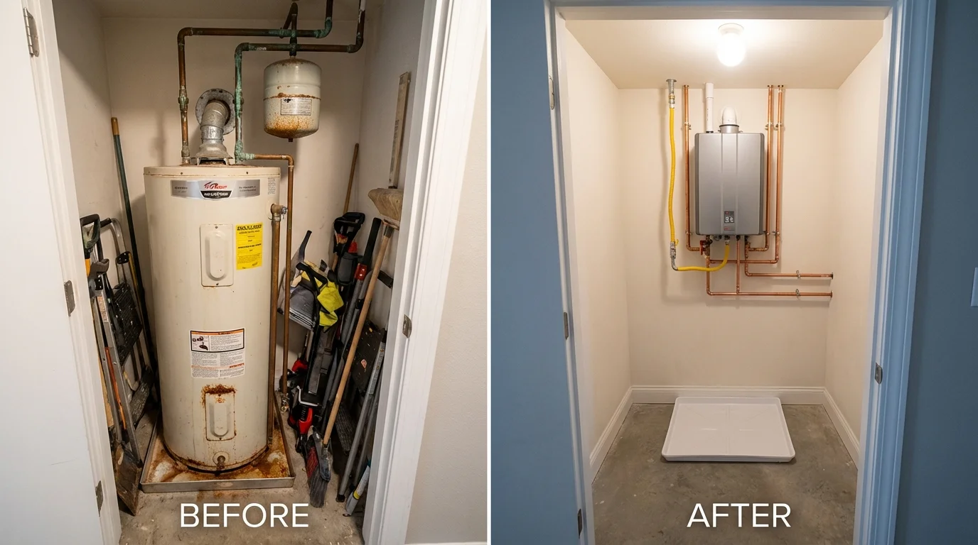 Tank water heater versus wall-mounted tankless unit comparison for Minco, OK homeowners