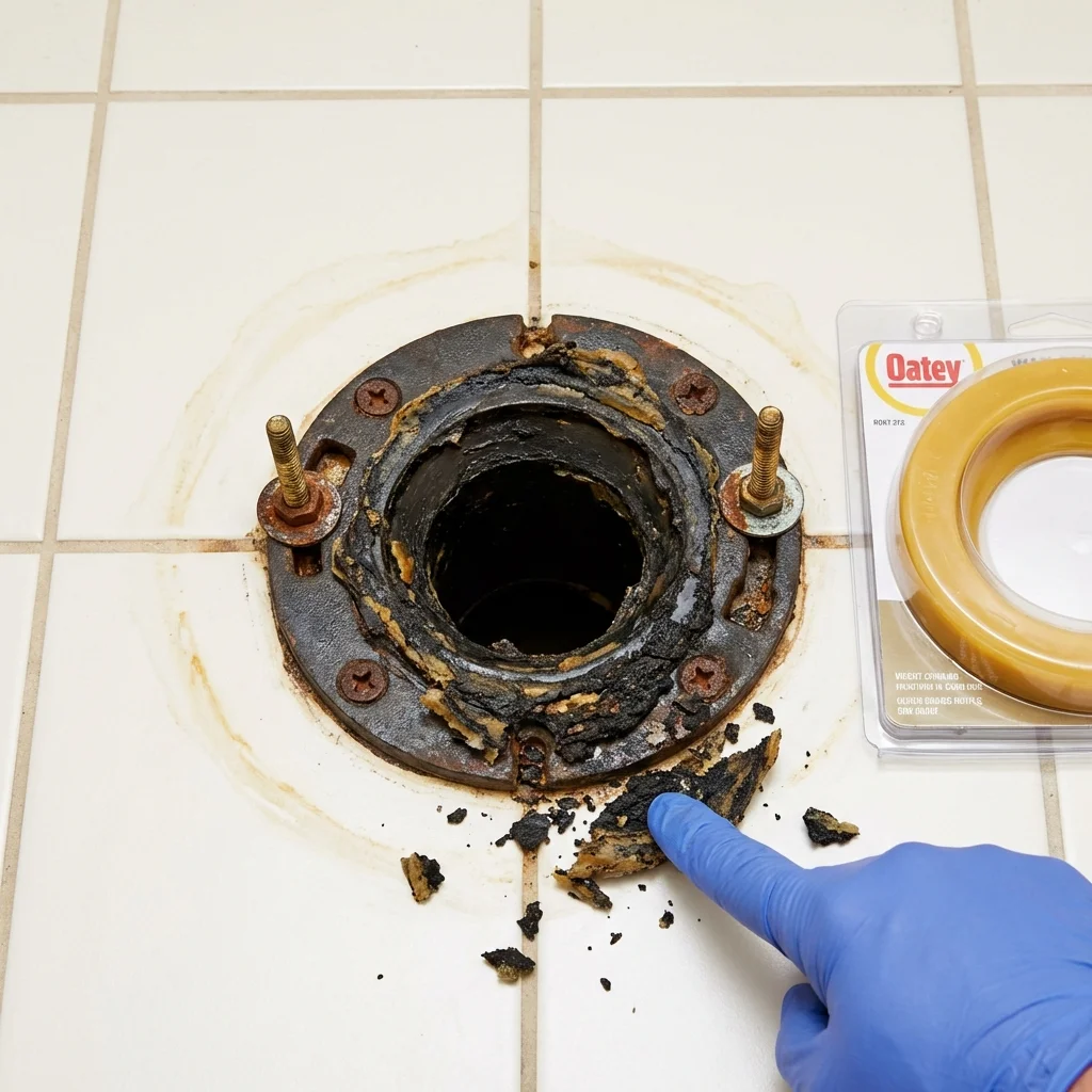 Failed wax ring showing water seepage at the base of a toilet in a Minco, OK home