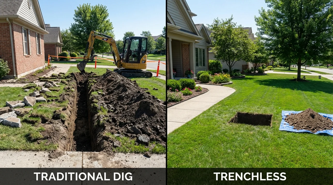 Trenchless sewer repair with minimal yard damage versus traditional excavation in Minco, OK