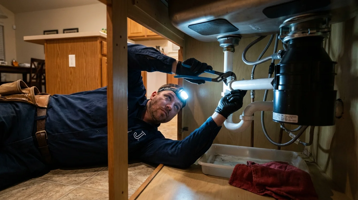 P-trap and supply line connections under a kitchen sink showing a common leak point in Minco, OK